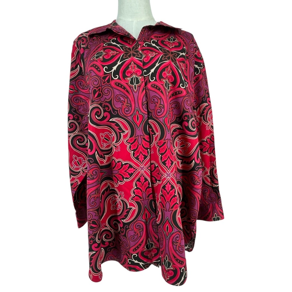 Chicos No-Iron Button‎ Down Shirt Red Pink Paisley Scroll Long Sleeve Sz 3 XL 16
